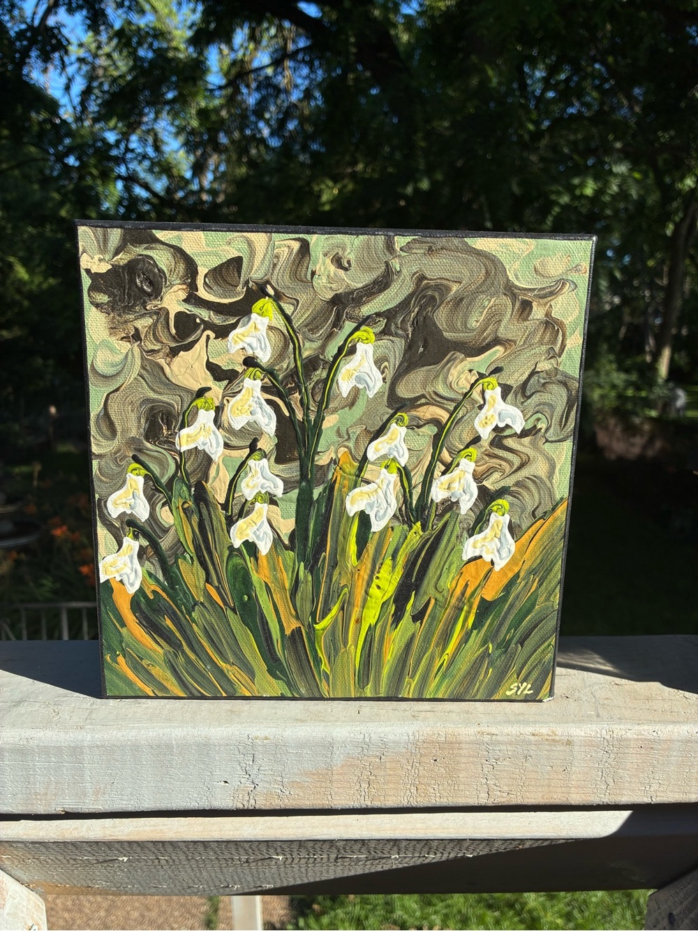 Hand-Painted Signed Floral Canvas Artwork “Snowdrops” by Sylvia Grantins